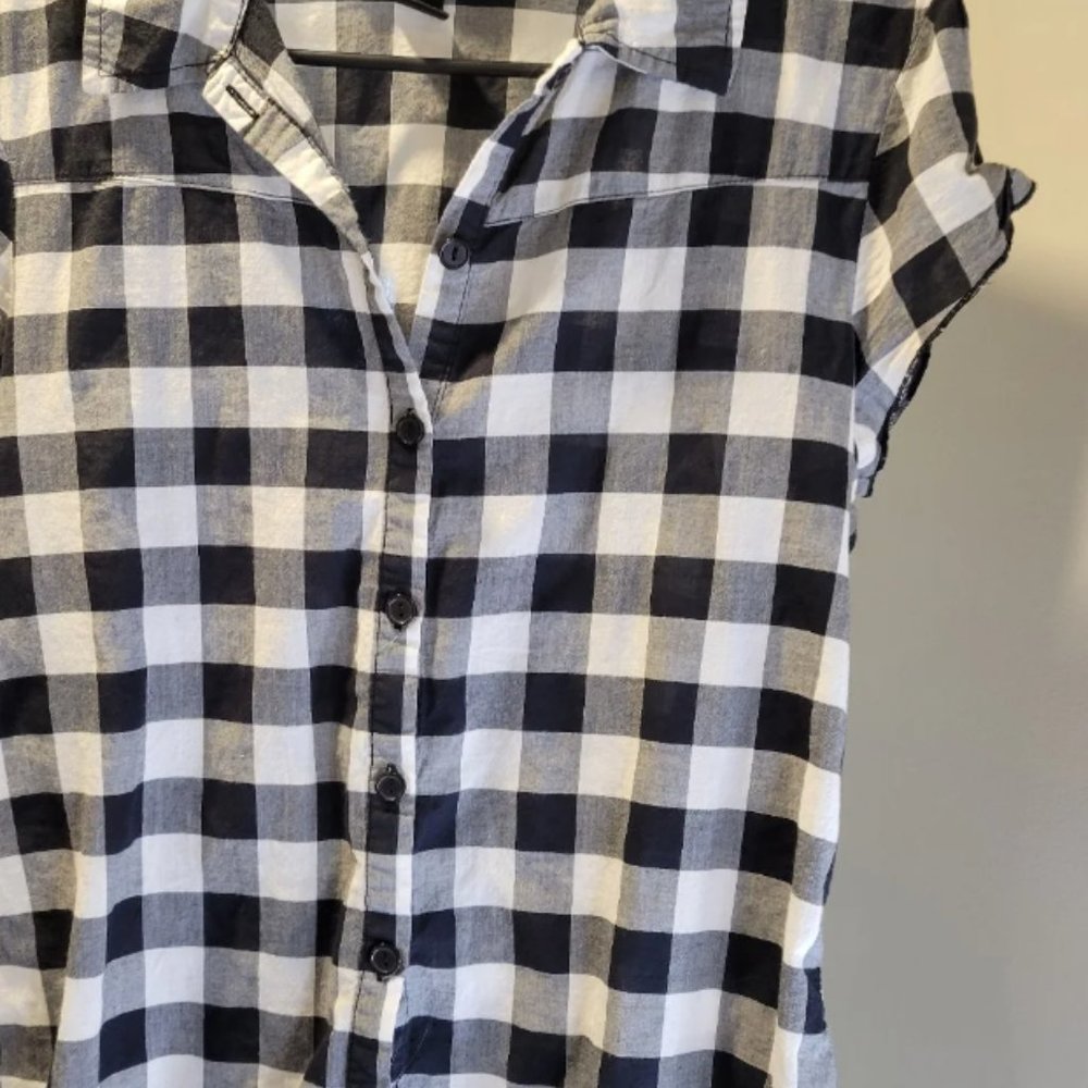 A New Day Brown and White Checkered Blouse with Ruffled Sleeves
